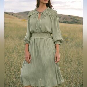 Current Air Sage 3/4 Balloon Sleeve Midi Dress Sz XL Ruffle Tie Front Cottage